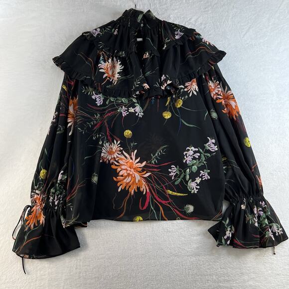 H&M Medium M Frill Ruffle Trimmed Chiffon Blouse Black Floral Smocked High Neck - Picture 12 of 16